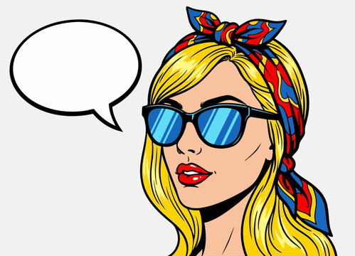 Pop art blonde woman wearing sunglasses and headscarf with speech bubble, retro comic style vector.