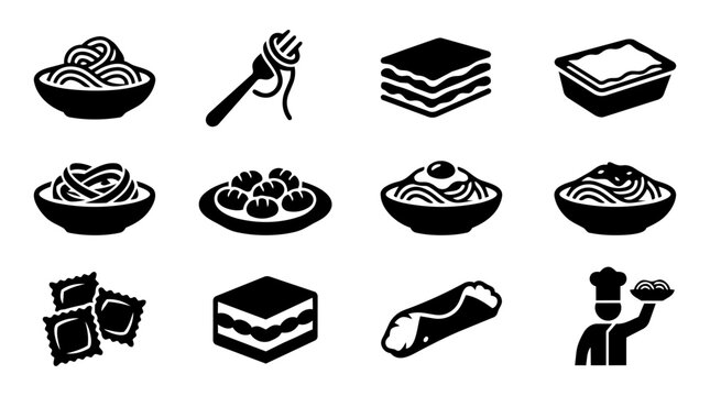 Italian Food Silhouette Icon Set &ndash; Pasta, Spaghetti, Lasagne, Gnocchi, Tiramisu, Cannoli
