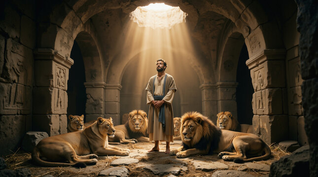 Biblical illustration of Daniel in the lions' den. Man in ancient robes surrounded by lions under divine light. Faith and spiritual protection concept