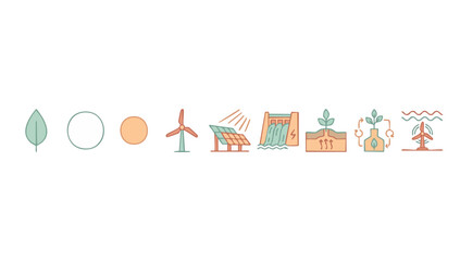 Fototapeta premium Renewable Energy Icons Set for Sustainable Power and Clean Environment Concept. Featuring wind turbine, solar panels, hydroelectric dam, geothermal and tidal energy symbols in a minimalist line art st