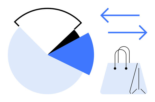 E-commerce, shopping trends, data tracking, sales analytics, market exchange, retail insights. A pie chart, shopping bag and directional arrows. E-commerce and shopping trends illustration
