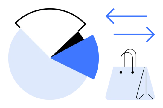 E-commerce, shopping trends, data tracking, sales analytics, market exchange, retail insights. A pie chart, shopping bag and directional arrows. E-commerce and shopping trends illustration