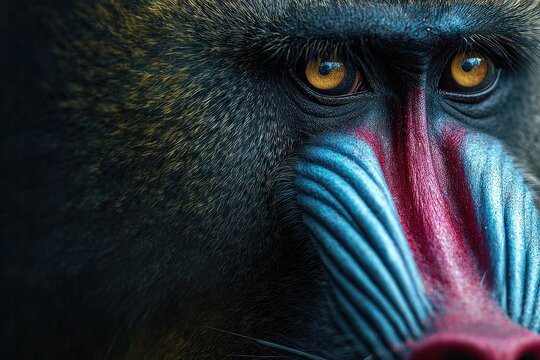 Close-up of a mandrill baboon's vivid facial features