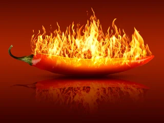Keuken achterwand Hete pepers Hot chili pepper with flames on red gradient background  © New Africa
