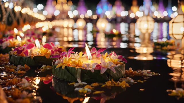 Beautiful Floating Lanterns Illuminate Waterways During Festival Celebration.