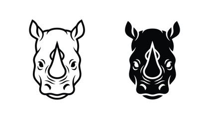 Rhino head animal portrait icon set featuring rhinoceros mammal silhouettes in both outline and solid black graphic styles for wildlife conservation and mascot design projects on white background © Daniel