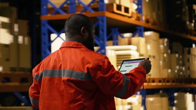 African american personnel scanning barcodes and shipment tags on tablet, checking AWB labels placed on cardboard boxes before delivery and transportation. Fulfillment center operations.