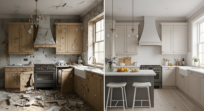 Transformative kitchen renovation showcasing dramatic before and after redesign with modern aesthetics and pristine white