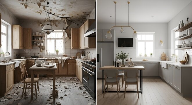 Contrasting interior transformation showcasing a dilapidated kitchen versus a modern renovated space with sleek design