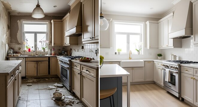 Comparison of a cluttered and neglected kitchen with a clean, renovated modern kitchen space