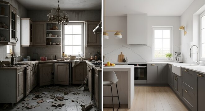 Comparison of an unkempt, cluttered kitchen with a bright, modern, and minimalistic kitchen redesign showcasing interior