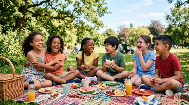 Diverse group of happy children having picnic in summer park on International Childrens Day. Multiethnic friends laughing and eating lunch on grass blanket. Friendship and childhood concept.
