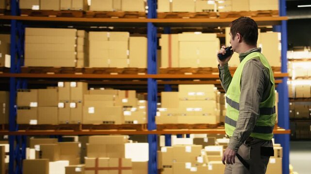 Giving instructions over walkie-talkie, industrial worker, for colleague to move cargo packages, radio communication enhances operational efficiency across storage facility shipment.