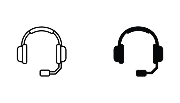 Headset icon set for customer support and communication technology in outline and solid black style
