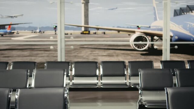 Close up of metal benches in empty airport after canceled flight. Vacant seating chairs inside quiet departure lounge aviation hub with glass windows during travel disruption