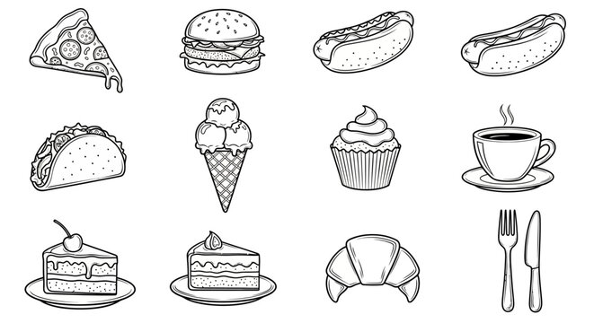 Assorted line art food icons pizza burger hot dog dessert elements