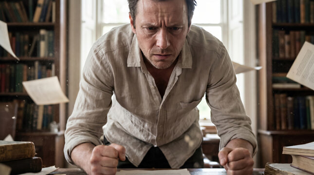 Stressed man in library with flying papers