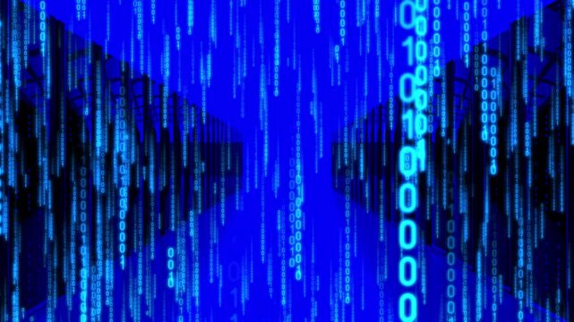 Data Center Server Room with Blue Matrix Binary Code - 3d 4k animation (3840 x 2160 px)