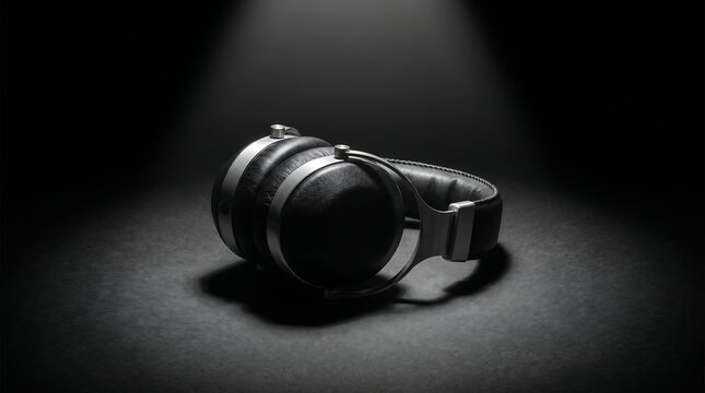 Noise reduction earmuffs on dark background with dramatic lighting, high contrast, premium product shot, sleek design, professional studio style for safety gear branding