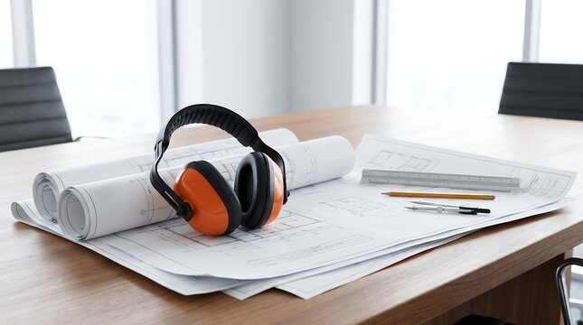 Safety earmuffs on blueprint papers, engineering concept, clean layout, top view, professional workplace planning scene, safety equipment in design process