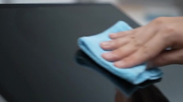 Person Wiping Fingerprints off Digital Screen with Microfiber Cloth