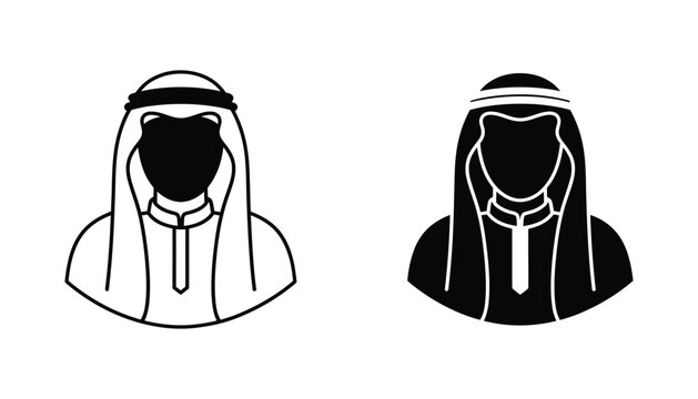 Arab man in traditional thobe and ghutra headwear icon in outline and solid black for cultural identity concepts