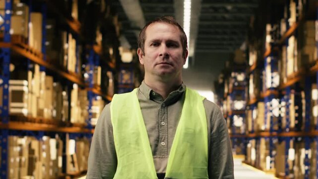 Portrait of personnel operating in logistics distribution center, managing shipment with parcels and merchandise. Supply chain control support efficient delivery and e-commerce operations.