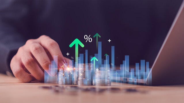 Investment analyst evaluates interest rate growth and financial performance using digital analytics dashboard, profit increase metrics, revenue trends, wealth management strategy, forecasting insights