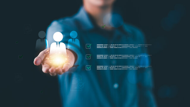 Human resources manager evaluates candidate selection process using digital checklist, focusing on talent assessment, recruitment strategy, employee screening, hiring decision, workforce planning