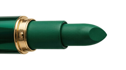 Fototapeta premium Close up of green lipstick with golden ring on isolated background, beauty and fashion concept for makeup artist