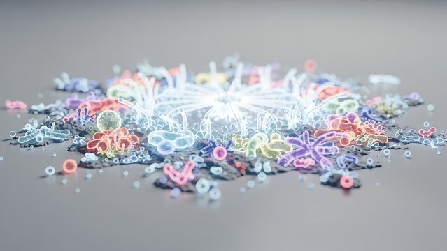 Microorganisms bloom across a neutral gray surface in a vibrant display of glowing colors and intricate biological textures.