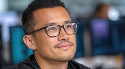 Fototapeta premium Focused Professional Working on AI Visuals in a Busy Office Environment During the Day
