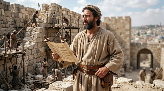 Nehemiah holding a scroll while overseeing construction work. Ancient biblical scene of rebuilding the walls of Jerusalem