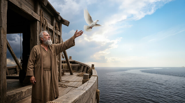 Elderly Noah releasing a white dove from the ark. Biblical story of hope and new beginnings after the flood. Wide shot with copy space for text