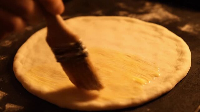 Brushing Oil on Fresh Pizza Dough Close Up