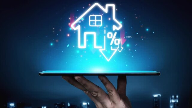 Digital Home Icon Representing Real Estate Market Trends and Interest Rate Decline on a Tablet with Futuristic Urban Background Sigmoid