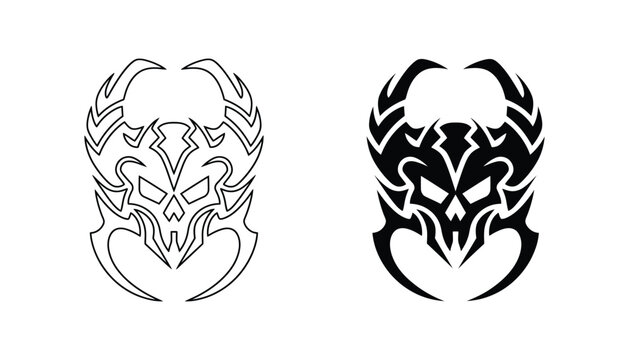 Tribal skull horn logo design in outline and solid black vector style for alternative fashion brand or heavy metal band emblem