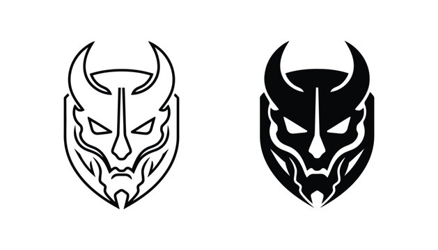 Demon mask tribal logo design in outline and solid black vector style for gaming avatar or dark fantasy character emblem