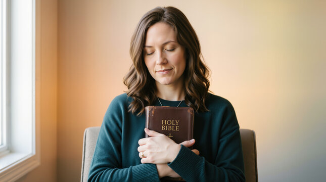 Woman holding holy bible to chest with eyes closed. Expressing faith and devotion in prayer. Spirituality and christianity concept. Copy space