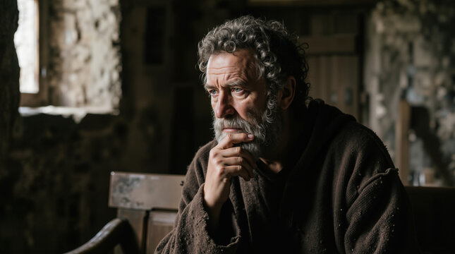 Close up portrait of an older man with a beard wearing a rough brown robe. Biblical figure Peter in a thoughtful pose. Dramatic lighting with left side lit and right in shadow in a rustic interior