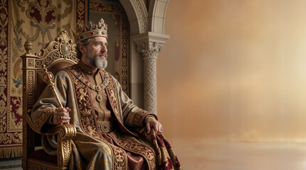 Obraz premium King Solomon in a royal robe sitting on an ornate golden throne. Biblical ruler wearing a jeweled crown and holding a scepter in a palace interior. Copy space for text