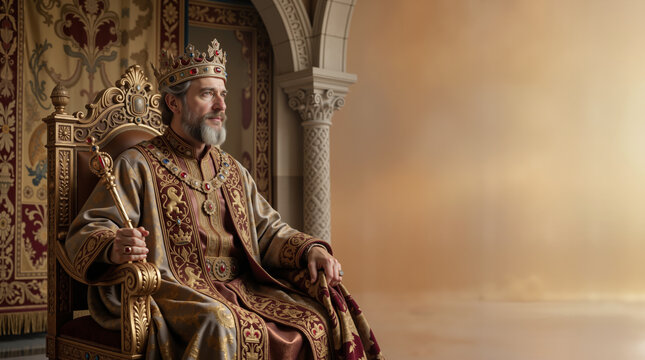 King Solomon in a royal robe sitting on an ornate golden throne. Biblical ruler wearing a jeweled crown and holding a scepter in a palace interior. Copy space for text