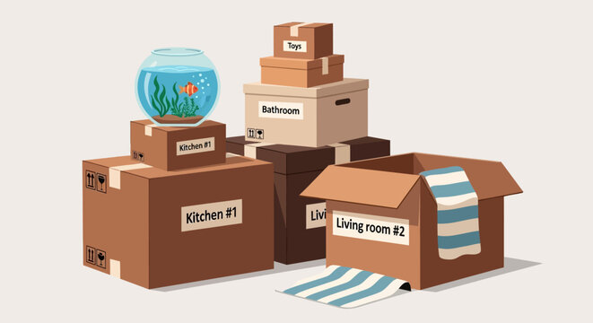 Moving boxes, cardboard boxes, packing boxes, labeled boxes, household moving, relocation, storage containers