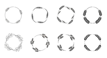 Obraz premium Laurel wreath vector set, 8 laurel wreaths, leafy circular frames, black and white illustrations