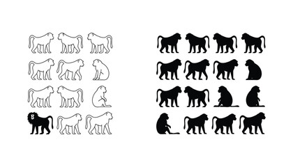 Group of baboon monkey silhouettes in outline and solid black style for wildlife and animal pattern design © Fluid