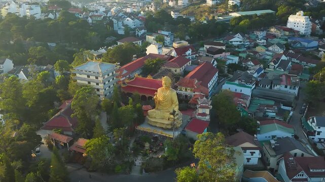 Aerial Video Golden Buddha and Da Lat Cityscape