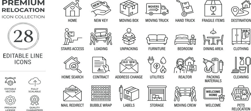 Editable line icon collection showcasing essential elements for home relocation, property moving, packing, unpacking, and related household services for a smooth transition