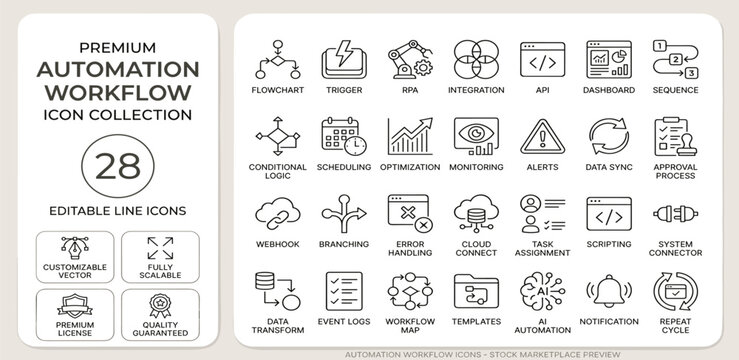 Premium Automation Workflow Icon Collection for Business Process Management and Digital Transformation