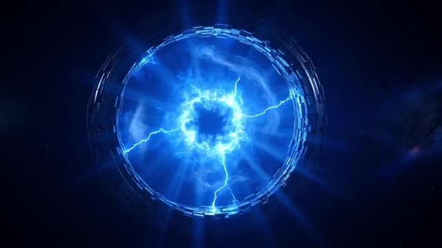 Glowing blue wormhole portal with swirling energy vortex and lightning for sci-fi teleportation concept