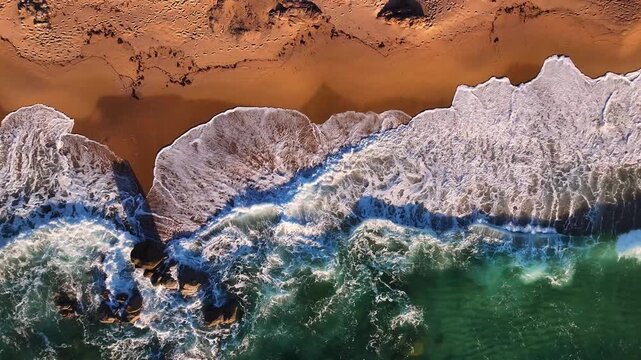 Aerial view of turquoise sea waves crashing on the golden sandy beach and rocks at sunset in Costa Paradiso, Sardegna, Italy.